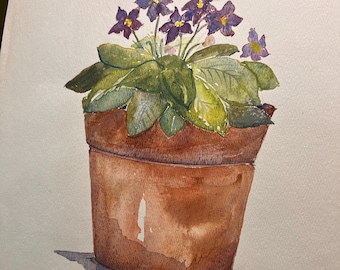 Vintage African Violet Watercolor Painting in Terracotta Pot | Original Botanical Art on Grumbacher Paper