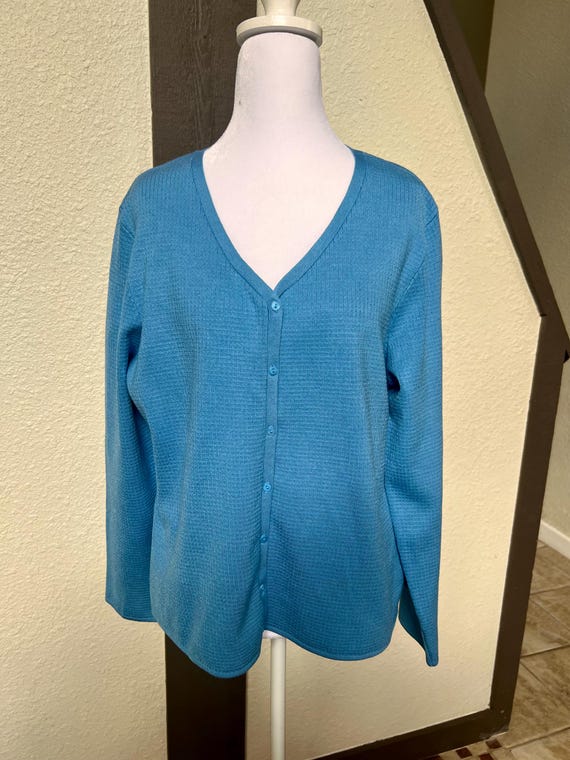 Oscar de la Renta, Vintage Oscar de la Renta Silk Blend Cardigan - Blue Knit, Size XL