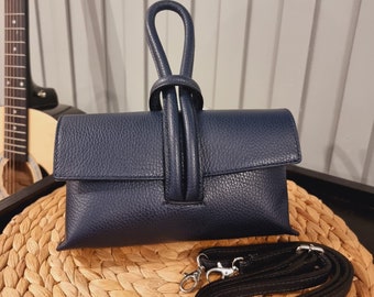 Genuine Leather Navy Clutch Bag Navy Evening Bag Navy Party Bag Loop Lock Clutch Bag Navy Bag With Long Changeable Crossbody Strap