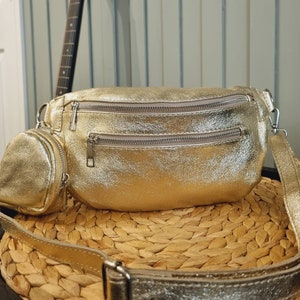 Leather Metallic Gold Fanny Back Pack, Gold Bum bag,Gold Sling Bag, Gold waist bag,Leather Belly bag with Detachable Coin Bag  Gifts for her