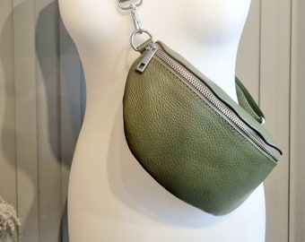 Real Leather Olive Green Fanny Back Pack, Khaki Bum bag, Dark Green Sling Bag, Olive Green waist bag, Leather Bum bag Anniversary Gifts