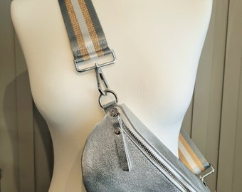 Real Leather Metallic Silver Fanny Back Pack, Silver Bum bag, Silver Sling Bag, Silver waist bag, Leather Bum bag Gifts for her