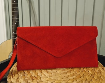 Real Suede Leather Red Clutch Bag Red Evening Bag Red Envelope Party Bag Wristlet Bag With Long Silver Chain Strap Gifts for her