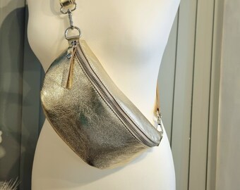 Real Leather Metallic Gold Fanny Back Pack, Gold Bum bag, Gold Sling Bag, Gold waist bag, Leather Bum bag Anniversary Gifts Bridesmaid Gifts