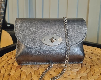 Leather Metallic Pewter Clutch Bag Pewter Evening Bag Dark Pewter Party Bag Dark Silver Crossbody Bag With Long Changeable Chain Strap