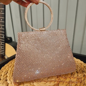Sparkly Crystal Diamante Round Grab Handle Rose Gold Clutch Bag Rose Gold Evening Bag Rose Gold Party Bag With Long RoseGold Chain Strap