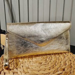 Real Leather Metallic Gold Clutch Bag Gold Evening Bag Gold Party Bag Gold Wristlet Bag With Long Detachable Silver Chain Strap