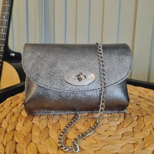 Leather Metallic Pewter Clutch Bag Pewter Evening Bag Dark Pewter Party Bag Dark Silver Crossbody Bag With Long Changeable Chain Strap