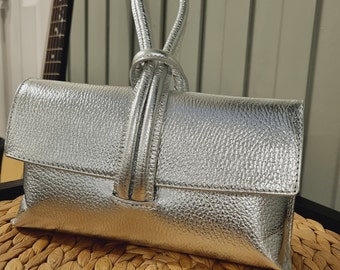 Genuine Leather Metallic Silver Clutch Bag Silver Evening Bag Silver Party Bag Loop Lock Clutch Bag With Long Changeable Crossbody Strap