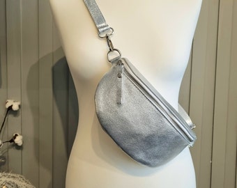 Real Leather Metallic Silver Fanny Back Pack, Silver Bum bag, Silver Sling Bag, Silver waist bag, Leather Bum bag Gifts for her
