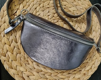 Real Leather Dark Silver Fanny Bag, Pewter Bum bag, Dark silver Sling Bag, Pewter waist bag, Leather Bum bag, Dark Silver Crossbody bags