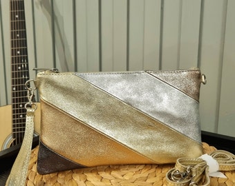 Real Leather Metallic Stripes Gold Clutch Bag Gold Evening Bag Gold Party Bag Gold Wristlet Bag With Long Detachable Leather Strap