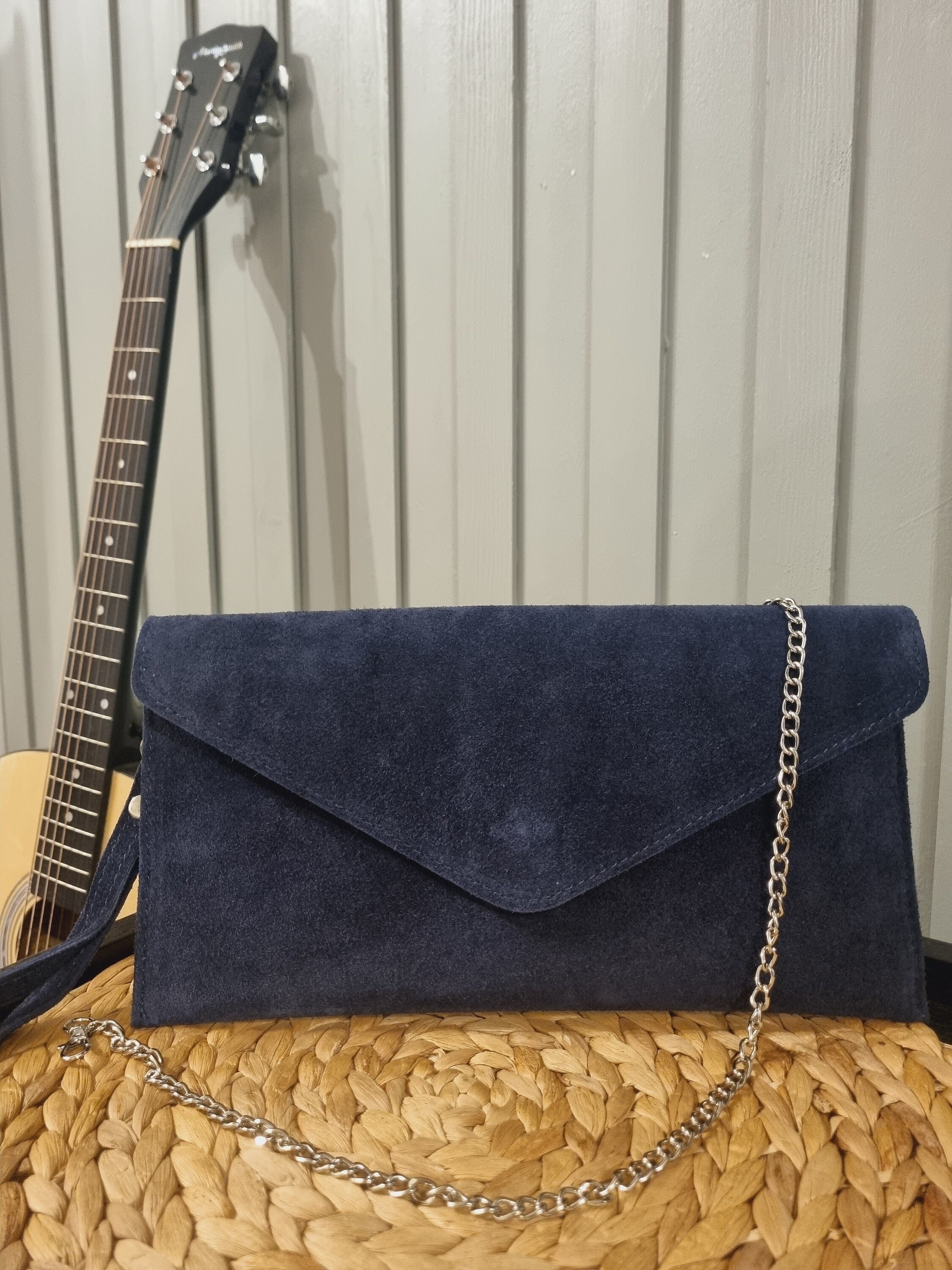 Suede Leather Navy Clutch Bag Dark Blue Evening Bag Blue Envelope Party Bag Wristlet Bag Navy