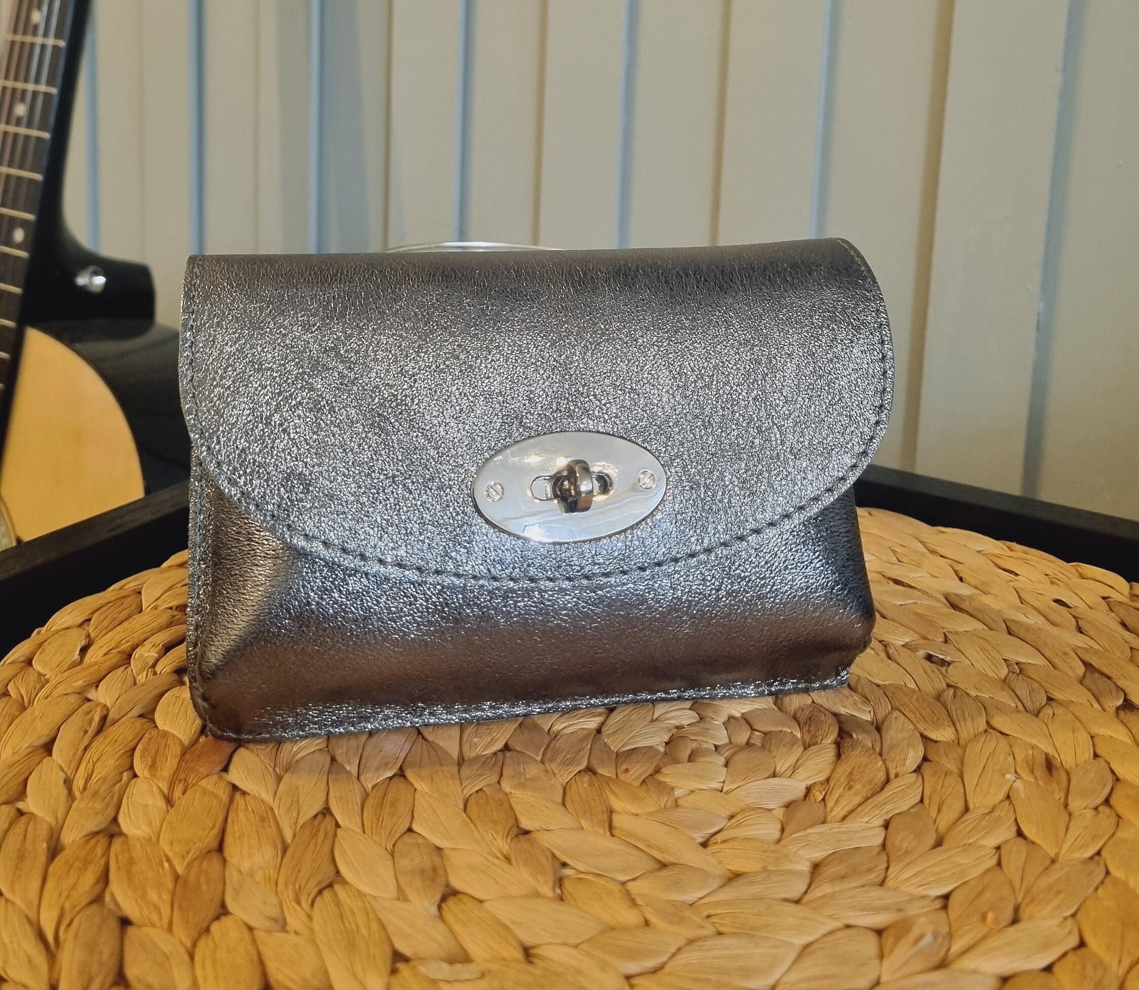 Leather Metallic Pewter Clutch Bag Pewter Evening Bag Dark Pewter Party