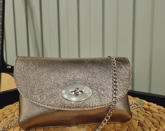 Real Leather Metallic Bronze Clutch Bag Bronze Evening Bag Bronze Party Bag Bronze Shoulder Bag With Long Detachable Silver Chain Strap