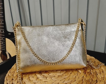 Echt leer metallic goud Crossbody tas/gouden avondtasje/gouden feesttas/gouden schoudertas/bruiloft prom tas met 2 kettingriemen