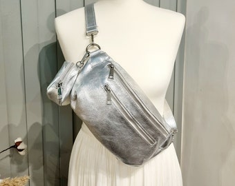 Leather Metallic Silver Fanny Back Pack,Silver Bum bag,Silver Sling Bag, Silver waist bag, Silver Leather Belly bag with Detachable Coin Bag