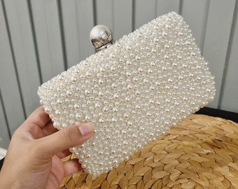 Ivory Pearl Clutch Bag Ivory Evening Bag Ivory bridal purse Pearl bag Ivory Wedding clutch Bag With Long Detachable Silver Chain Strap