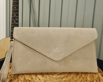 Real Suede Leather Beige Clutch Bag Beige Evening Bag Beige Envelope Party Bag Wristlet Bag With Long Silver Chain Strap Gifts for her