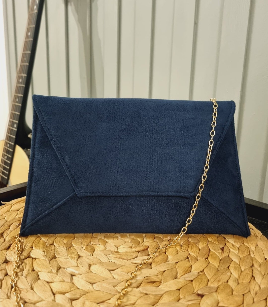 Faux Suede Navy Clutch Bag Dark Blue Evening Bag Blue Envelope Party Bag Navy Bags With Long