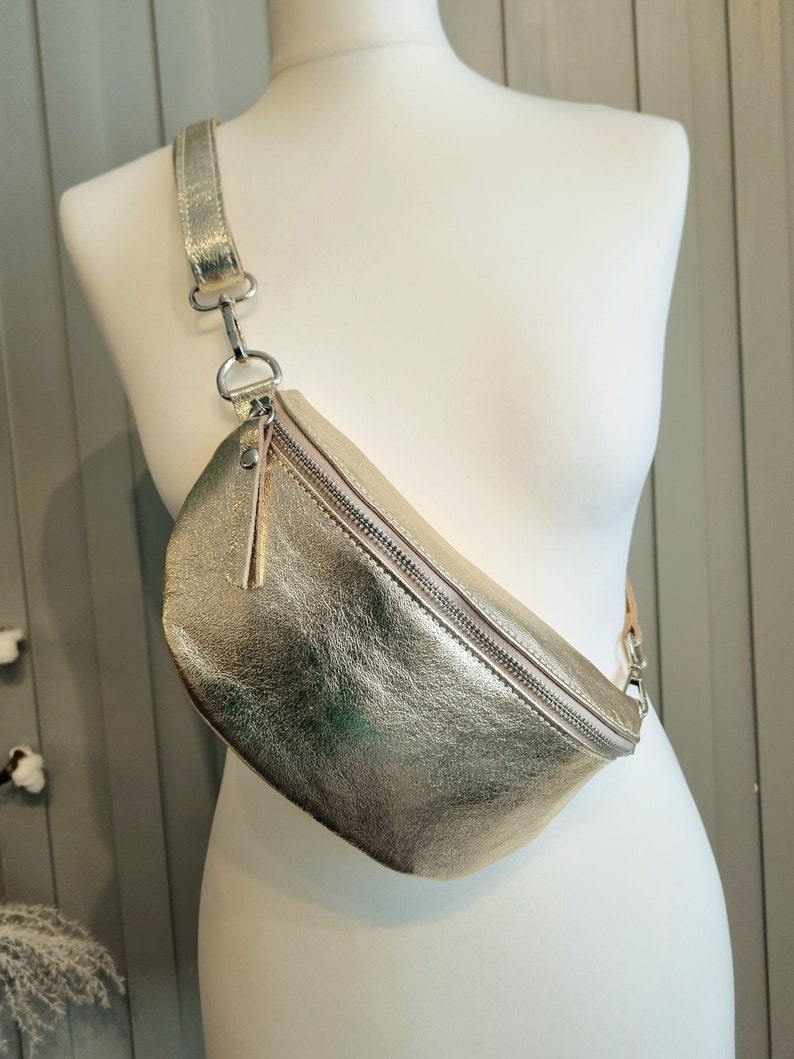 Real Leather Metallic Gold Fanny Back Pack, Gold Bum Bag, Gold Sling