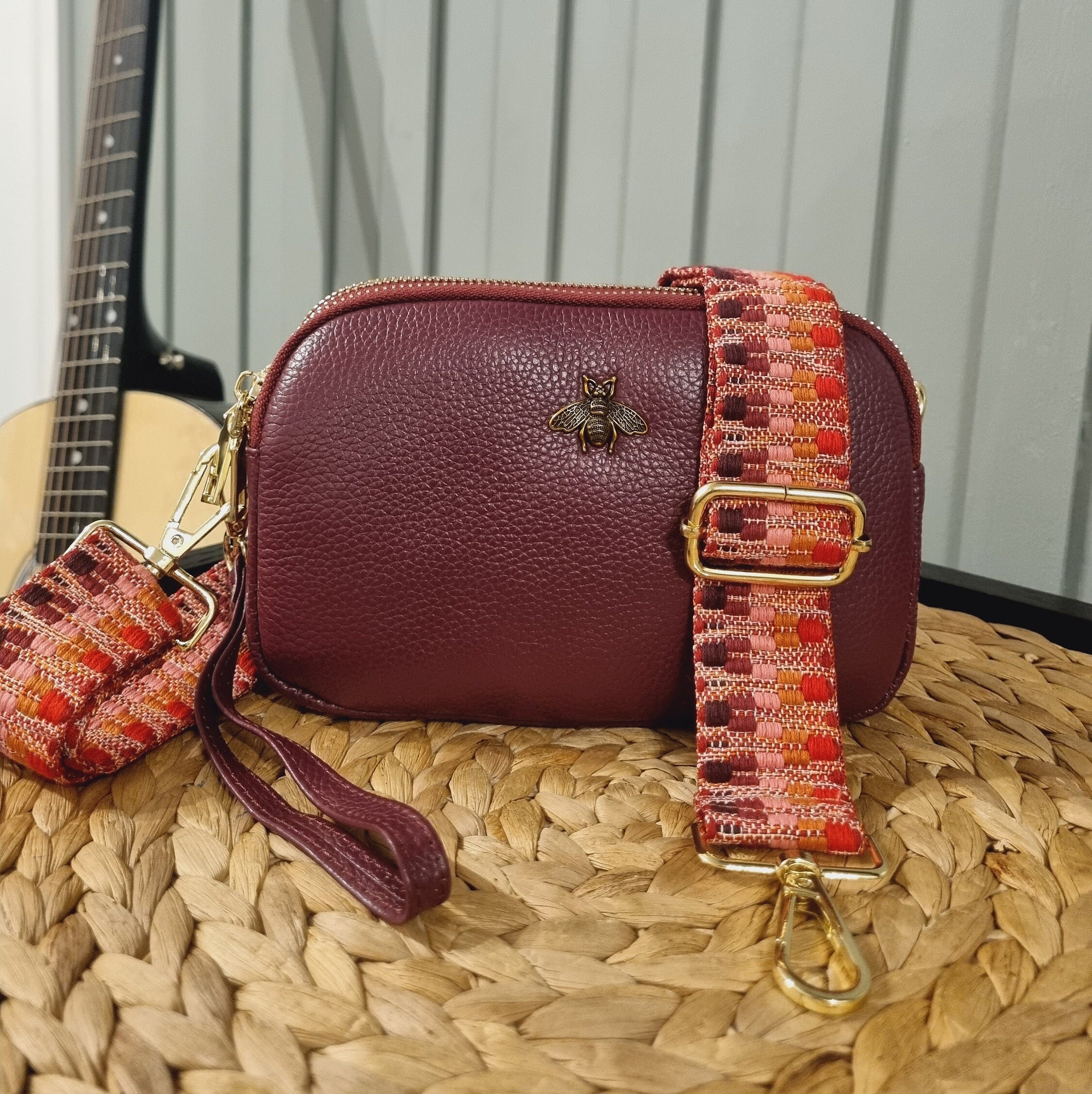 Adjustable Burgundy Leather Bag Strap, Burgundy Bag Strap