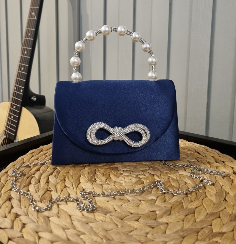 Satin Navy Blue Grab Handle Clutch Bag,dark Blue Evening Bag,satin Blue Party Bag,navy Pearl Top