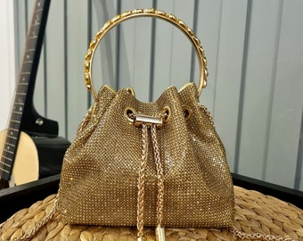 Gold Bon Bon Style Evening Bag Gold Grab bag Diamante Gold Clutch bag Top Handle Bag Bucket bag with Long detachable chain strap