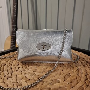 Leather Metallic Silver Clutch Bag Silver Evening Bag Silver Party Bag Silver Crossbody Bag With Long Changeable Chain Strap