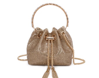 Gold Bon Bon Style Evening Bag Gold Grab bag Diamante Gold Clutch bag Top Handle Bag Bucket bag with Long detachable chain strap