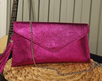 Real Leather Metallic Hot Pink Clutch Bag Fuchsia Evening Bag Fuchsia Party Bag Wristlet Bag With Long Detachable Silver Chain Strap