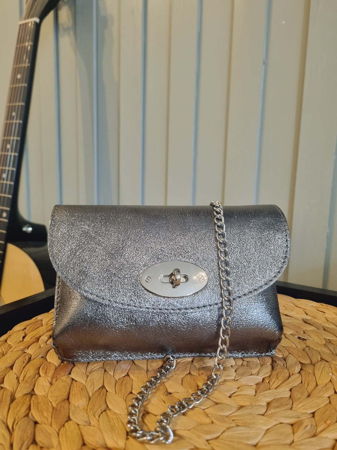 Leather Metallic Pewter Clutch Bag Pewter Evening Bag Dark Pewter Party