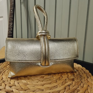 Genuine Leather Metallic Gold Clutch Bag Gold Evening Bag Gold Party Bag Loop Lock Clutch Bag With Long Changeable Crossbody Strap