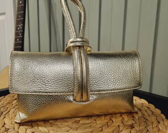 Genuine Leather Metallic Gold Clutch Bag Gold Evening Bag Gold Party Bag Loop Lock Clutch Bag With Long Changeable Crossbody Strap