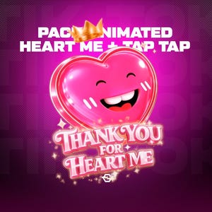 Puede incluir: Gráfico digital con un emoji en forma de corazón rosa sonriente, rodeado por un marco dorado y una corona dorada. El texto "PACK ANIMATED HEART ME + TAP TAP" está en la parte superior y "THANK YOU FOR HEART ME" en la inferior.