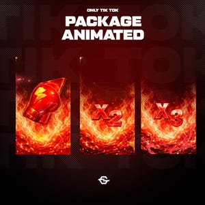 Puede incluir: Gráfico promocional para TikTok con un fondo ardiente. Presenta un guante de boxeo rojo con un rayo amarillo y dos paneles con los números X2 y X3. Las palabras "PACKAGE ANIMATED" están en la parte superior.