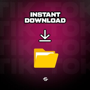 Puede incluir: Gr&aacute;fico digital con las palabras "INSTANT DOWNLOAD" en blanco y negrita, encima de una flecha hacia abajo y un icono de carpeta amarilla. El fondo es un degradado de rosa oscuro a negro.