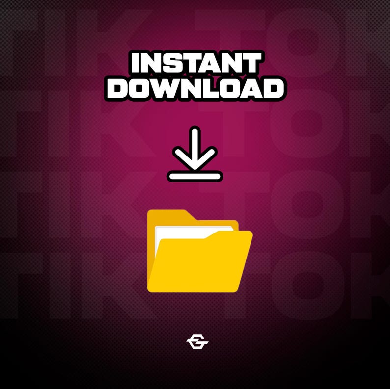 Puede incluir: Gr&aacute;fico digital con las palabras "INSTANT DOWNLOAD" en blanco y negrita, encima de una flecha hacia abajo y un icono de carpeta amarilla. El fondo es un degradado de rosa oscuro a negro.