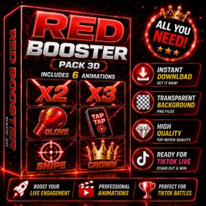 May include: A digital product advertisement titled RED BOOSTER PACK 3D featuring six animations including a red boxing glove, a smartphone with a tap target, a sniper crosshair, and a gold crown. The design uses a black background with red neon lighting.