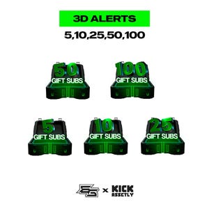 Puede incluir: Cinco cajas animadas en 3D con números verdes y el texto "GIFT SUBS" en cada una. Los números son 5, 10, 25, 50 y 100. Las cajas están sobre un fondo blanco. El texto "3D ALERTS" y "5,10,25,50,100" están en la parte superior de la imagen. El texto "X KICK ASSETLY" está en la parte inferior de la imagen.