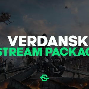 以下が含まれることがあります： 兵士とヘリコプターが映るビデオゲームのシーンを背景に、「Verdansk Stream Package」という緑と白のテキストオーバーレイがデジタルで描かれたイラストです。