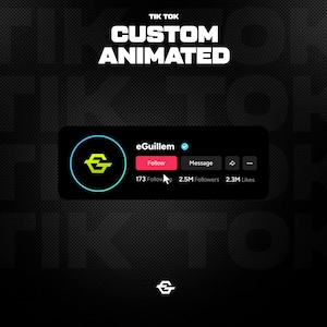 Puede incluir: Un diseño de perfil de TikTok animado personalizado con el nombre de usuario "eGuillem". El perfil presenta un logotipo circular con un diseño amarillo y verde, un botón "Seguir" y recuentos de seguidores/me gusta. El fondo es negro con un patrón "TikTok" repetido.