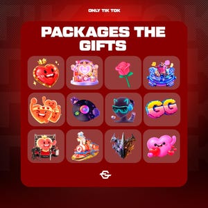 Puede incluir: Gráfico rojo con el texto "PACKAGES THE GIFTS" y "ONLY TIK TOK". La imagen presenta varios iconos de regalo de dibujos animados, incluyendo corazones, una rosa, un tren y un disco de vinilo. El fondo es un degradado de rojo.