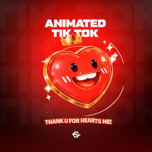 May include: Animated TikTok graphic with a smiling red heart wearing a gold crown. The heart has a gold border and is surrounded by sparkling stars. Text reads "ANIMATED TIK TOK" and "THANK U FOR HEARTS ME!" on a red background.