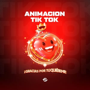 以下が含まれることがあります： 白い文字で「ANIMACION TIK TOK」と書かれた赤いグラフィック。 金色の王冠と金色のアクセントが付いた、笑顔の赤いハートが中央にあります。 テキスト「¡GRACIAS POR TU QUIÉREME!」が一番下にあります。