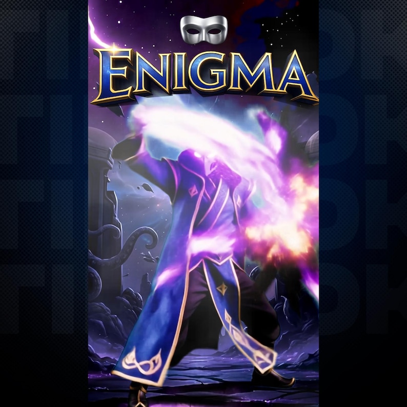 May include: A digital illustration featuring the word "ENIGMA" in gold lettering, with a masked figure in a blue and purple robe emitting a burst of energy. The background is a dark, fantasy-themed landscape.