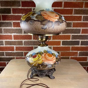 Hurricane Parlor Lamp 3-Way Hand Painted Milk Glass Gone With the Wind Style 26&quot;