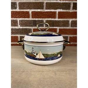 Rare Warren Kimble Coastal Breeze 2 Qt Enamelware Stew Pot Lighthouse Ship Ocean