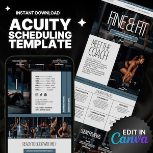 May include: A digital marketing image featuring a phone and website mockup. The phone displays a scheduling template with business hours and contact info. The website showcases fitness coaching services with the text "FINE & FIT" and "MEET THE COACH". The image includes the text "INSTANT DOWNLOAD ACUITY SCHEDULING TEMPLATE".