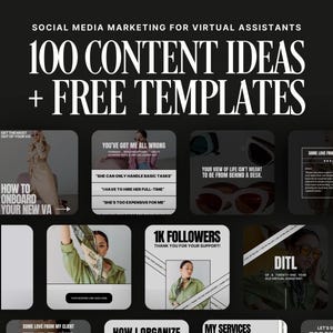 Puede incluir: Un fondo oscuro con texto blanco que dice "SOCIAL MEDIA MARKETING FOR VIRTUAL ASSISTANTS" y "100 CONTENT IDEAS + FREE TEMPLATES". La imagen incluye varios gráficos cuadrados con texto e imágenes relacionadas con asistentes virtuales.